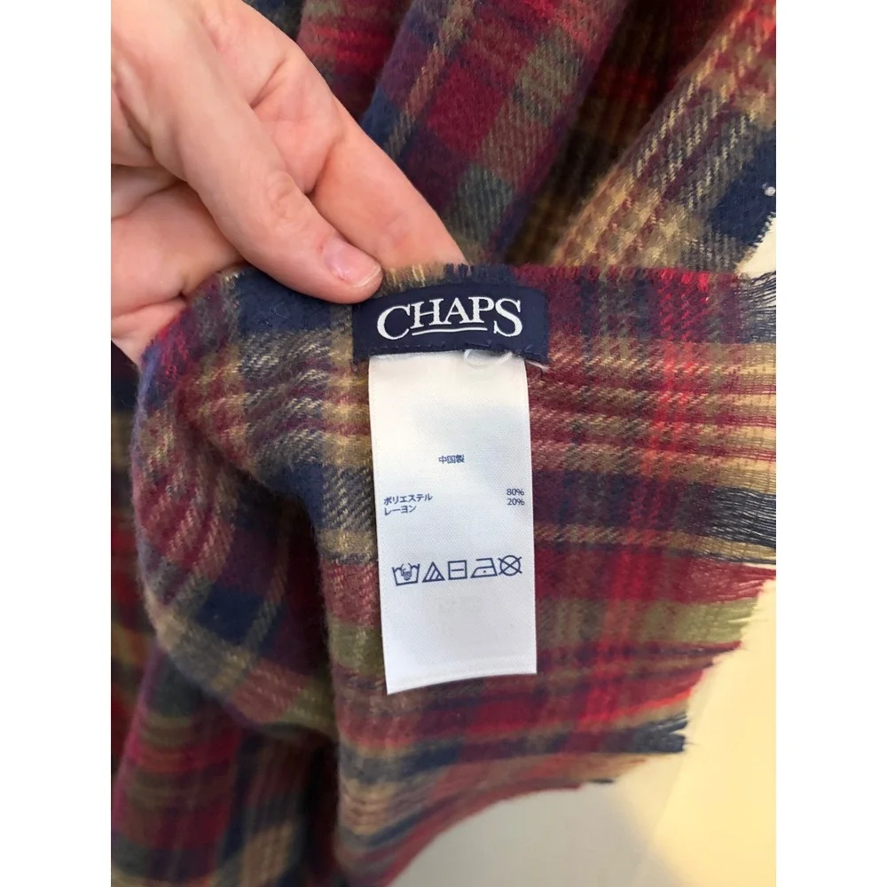 Chaps Ralph Lauren‎ Plaid Scarf Wrap Burgundy Navy Tan Tartan Frayed Edge Soft